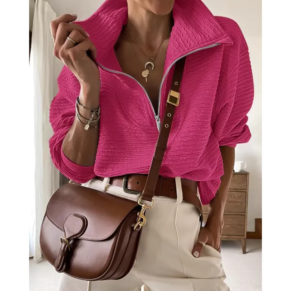 imageBTFBM Women Casual Half Zip Sweatshirts Lapel Drawstring Loose Long Sleeve Pullover 2023 Fall Winter Trendy Y2K ClothesSolid Rose Red