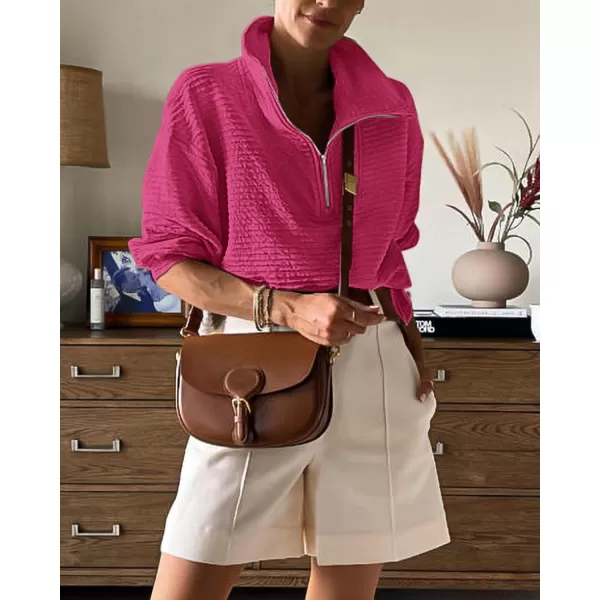 imageBTFBM Women Casual Half Zip Sweatshirts Lapel Drawstring Loose Long Sleeve Pullover 2023 Fall Winter Trendy Y2K ClothesSolid Rose Red