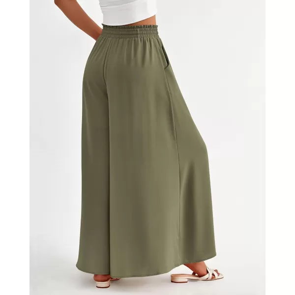 imageBTFBM Women Casual High Waist Wide Leg Pants Summer Floral Solid Long Palazzo Pants Lounge Beach Trousers with PocketSolid Army Green
