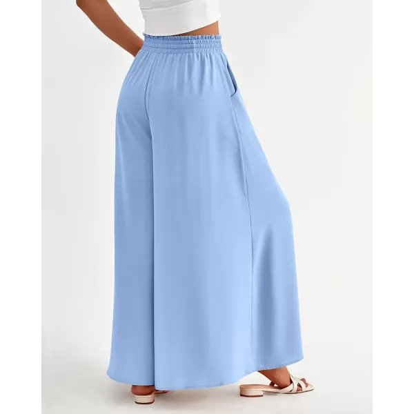 imageBTFBM Women Casual High Waist Wide Leg Pants Summer Floral Solid Long Palazzo Pants Lounge Beach Trousers with PocketSolid Blue