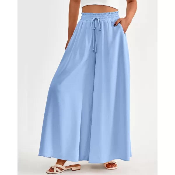 imageBTFBM Women Casual High Waist Wide Leg Pants Summer Floral Solid Long Palazzo Pants Lounge Beach Trousers with PocketSolid Blue