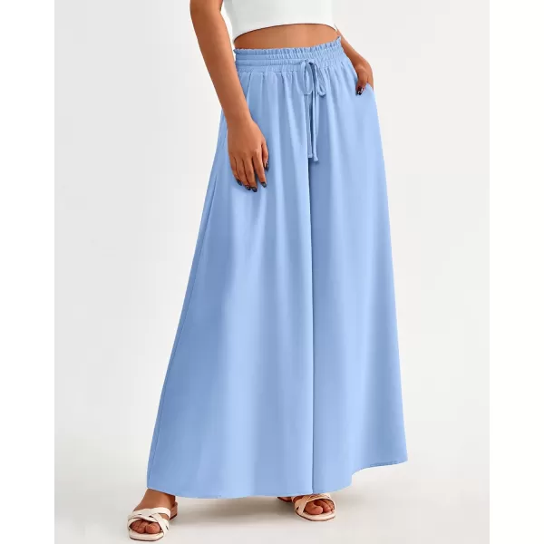 imageBTFBM Women Casual High Waist Wide Leg Pants Summer Floral Solid Long Palazzo Pants Lounge Beach Trousers with PocketSolid Blue