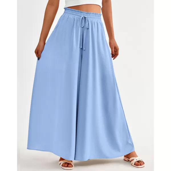 imageBTFBM Women Casual High Waist Wide Leg Pants Summer Floral Solid Long Palazzo Pants Lounge Beach Trousers with PocketSolid Blue