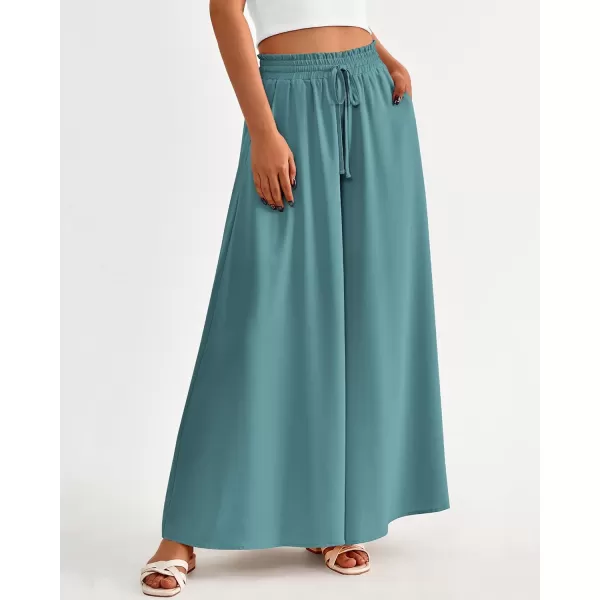 imageBTFBM Women Casual High Waist Wide Leg Pants Summer Floral Solid Long Palazzo Pants Lounge Beach Trousers with PocketSolid Blue Green