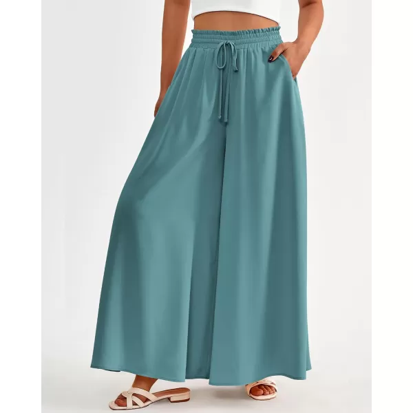 imageBTFBM Women Casual High Waist Wide Leg Pants Summer Floral Solid Long Palazzo Pants Lounge Beach Trousers with PocketSolid Blue Green