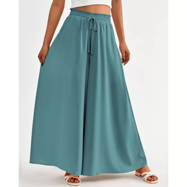 imageBTFBM Women Casual High Waist Wide Leg Pants Summer Floral Solid Long Palazzo Pants Lounge Beach Trousers with PocketSolid Blue Green