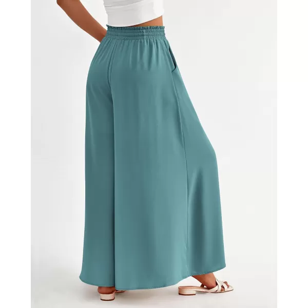 imageBTFBM Women Casual High Waist Wide Leg Pants Summer Floral Solid Long Palazzo Pants Lounge Beach Trousers with PocketSolid Blue Green
