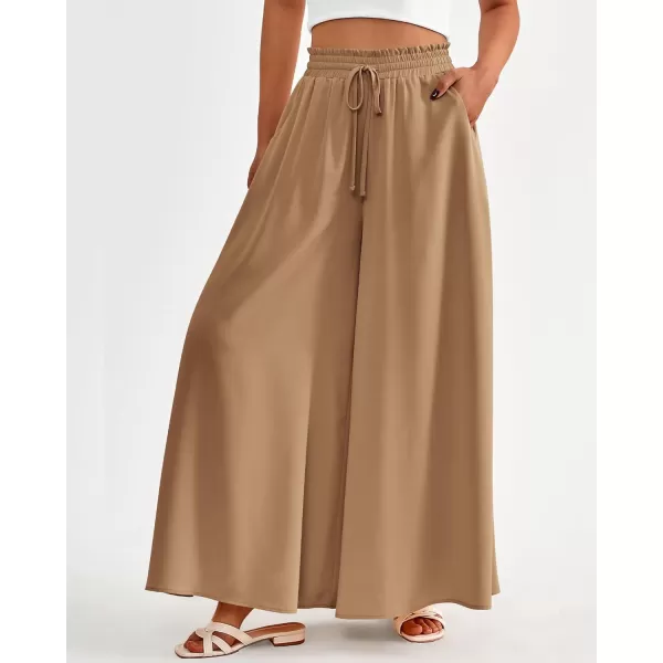 imageBTFBM Women Casual High Waist Wide Leg Pants Summer Floral Solid Long Palazzo Pants Lounge Beach Trousers with PocketSolid Khaki