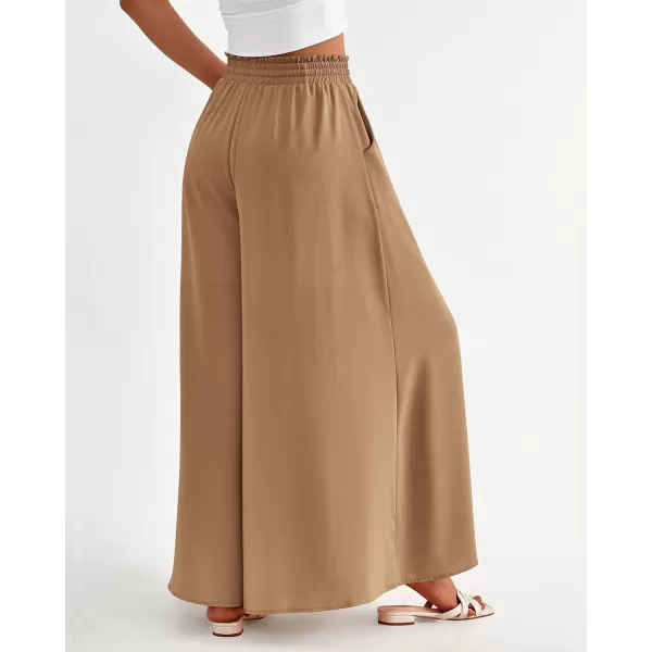 imageBTFBM Women Casual High Waist Wide Leg Pants Summer Floral Solid Long Palazzo Pants Lounge Beach Trousers with PocketSolid Khaki