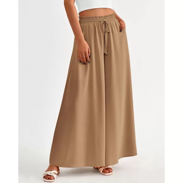 imageBTFBM Women Casual High Waist Wide Leg Pants Summer Floral Solid Long Palazzo Pants Lounge Beach Trousers with PocketSolid Khaki