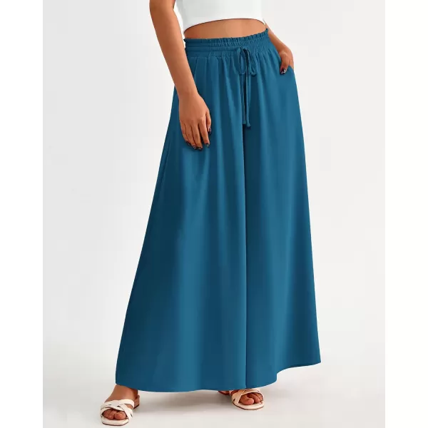 imageBTFBM Women Casual High Waist Wide Leg Pants Summer Floral Solid Long Palazzo Pants Lounge Beach Trousers with PocketSolid Lake Blue