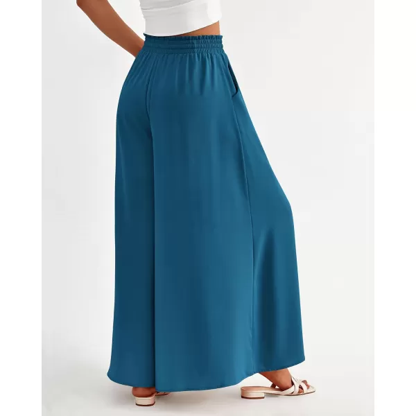 imageBTFBM Women Casual High Waist Wide Leg Pants Summer Floral Solid Long Palazzo Pants Lounge Beach Trousers with PocketSolid Lake Blue