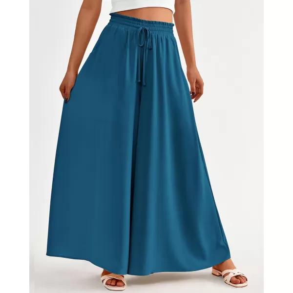 imageBTFBM Women Casual High Waist Wide Leg Pants Summer Floral Solid Long Palazzo Pants Lounge Beach Trousers with PocketSolid Lake Blue