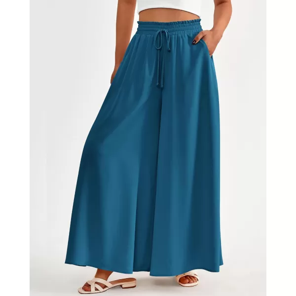 imageBTFBM Women Casual High Waist Wide Leg Pants Summer Floral Solid Long Palazzo Pants Lounge Beach Trousers with PocketSolid Lake Blue