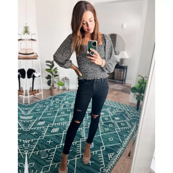 imageBTFBM Women Casual Long Sleeve Shirts Top 2023 Summer Fall Off Shoulder Tops Square Neck Floral Boho Smocked BlousesFloral Black