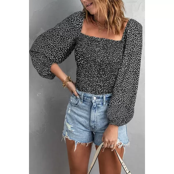 imageBTFBM Women Casual Long Sleeve Shirts Top 2023 Summer Fall Off Shoulder Tops Square Neck Floral Boho Smocked BlousesFloral Black