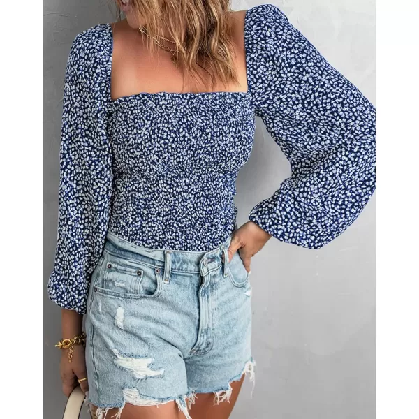 imageBTFBM Women Casual Long Sleeve Shirts Top 2023 Summer Fall Off Shoulder Tops Square Neck Floral Boho Smocked BlousesFloral Dark Blue
