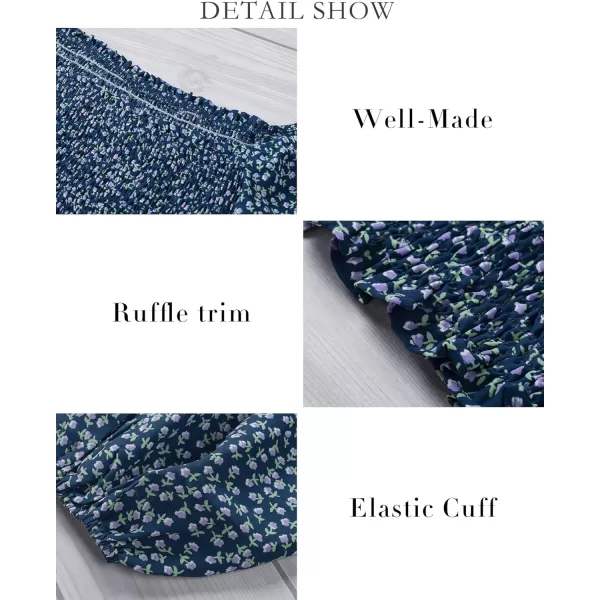 imageBTFBM Women Casual Long Sleeve Shirts Top 2023 Summer Fall Off Shoulder Tops Square Neck Floral Boho Smocked BlousesFloral Dark Blue