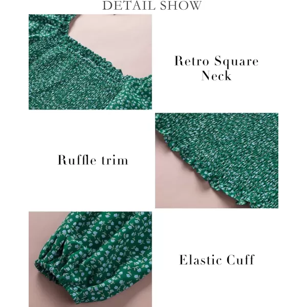 imageBTFBM Women Casual Long Sleeve Shirts Top 2023 Summer Fall Off Shoulder Tops Square Neck Floral Boho Smocked BlousesFloral Green