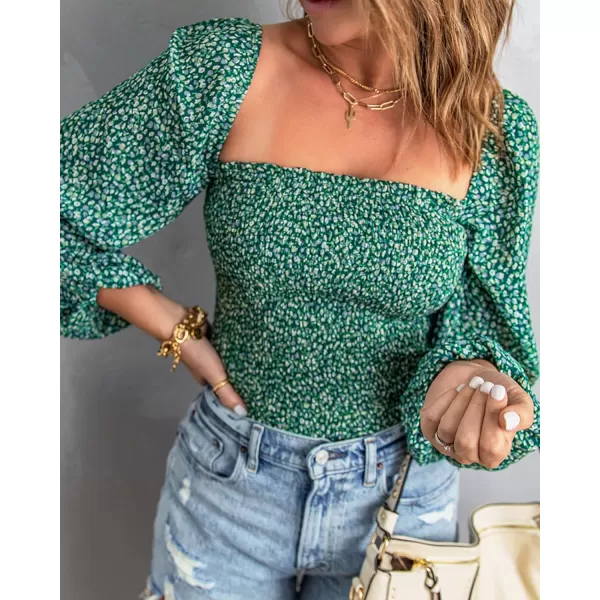 imageBTFBM Women Casual Long Sleeve Shirts Top 2023 Summer Fall Off Shoulder Tops Square Neck Floral Boho Smocked BlousesFloral Green