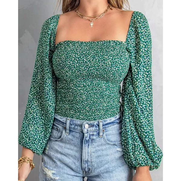 imageBTFBM Women Casual Long Sleeve Shirts Top 2023 Summer Fall Off Shoulder Tops Square Neck Floral Boho Smocked BlousesFloral Green
