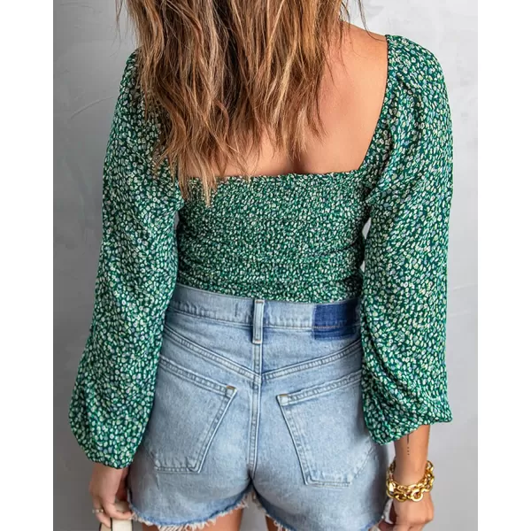 imageBTFBM Women Casual Long Sleeve Shirts Top 2023 Summer Fall Off Shoulder Tops Square Neck Floral Boho Smocked BlousesFloral Green