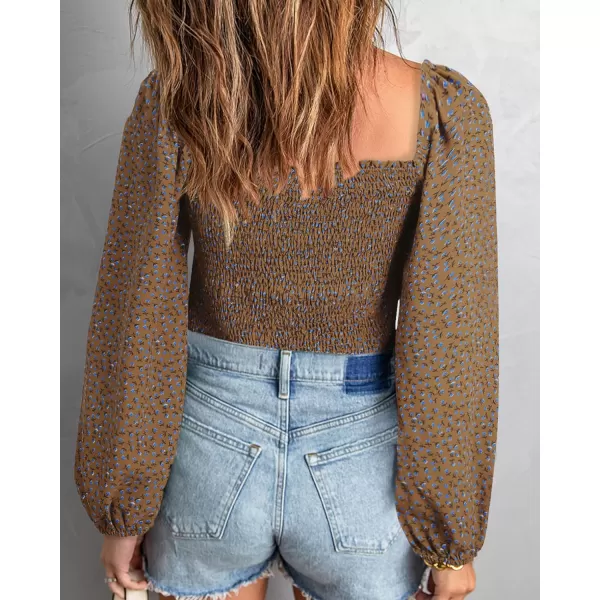 imageBTFBM Women Casual Long Sleeve Shirts Top 2023 Summer Fall Off Shoulder Tops Square Neck Floral Boho Smocked BlousesFloral Khaki