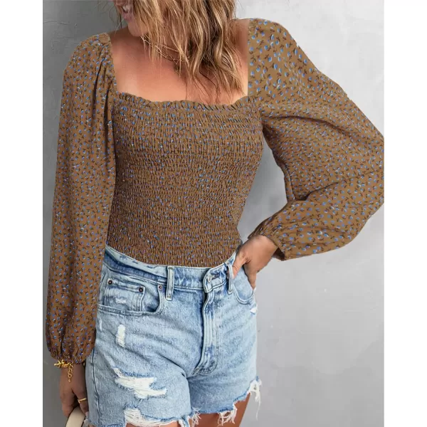 imageBTFBM Women Casual Long Sleeve Shirts Top 2023 Summer Fall Off Shoulder Tops Square Neck Floral Boho Smocked BlousesFloral Khaki