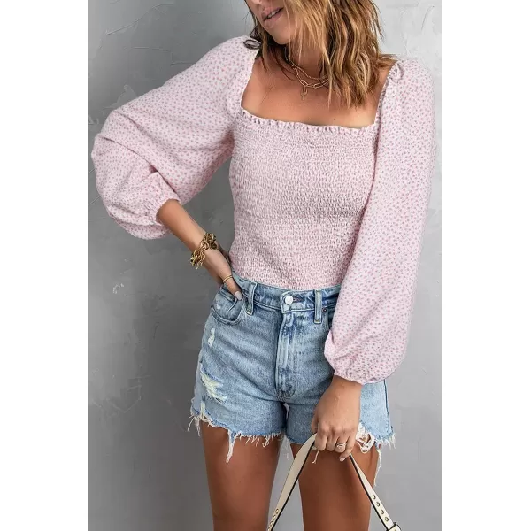 imageBTFBM Women Casual Long Sleeve Shirts Top 2023 Summer Fall Off Shoulder Tops Square Neck Floral Boho Smocked BlousesFloral Pink