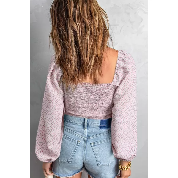 imageBTFBM Women Casual Long Sleeve Shirts Top 2023 Summer Fall Off Shoulder Tops Square Neck Floral Boho Smocked BlousesFloral Pink