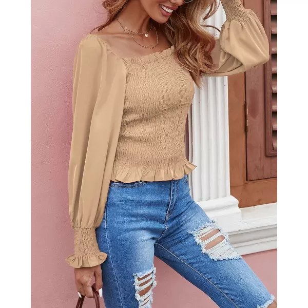 imageBTFBM Women Casual Long Sleeve Shirts Top 2023 Summer Fall Off Shoulder Tops Square Neck Floral Boho Smocked BlousesSolid Apricot