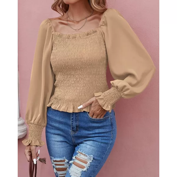 imageBTFBM Women Casual Long Sleeve Shirts Top 2023 Summer Fall Off Shoulder Tops Square Neck Floral Boho Smocked BlousesSolid Apricot