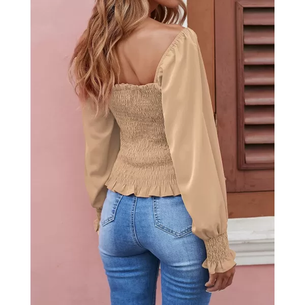 imageBTFBM Women Casual Long Sleeve Shirts Top 2023 Summer Fall Off Shoulder Tops Square Neck Floral Boho Smocked BlousesSolid Apricot