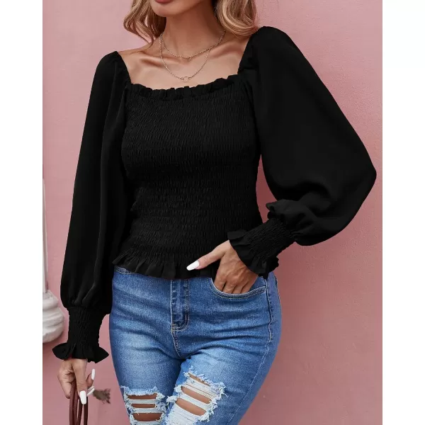 imageBTFBM Women Casual Long Sleeve Shirts Top 2023 Summer Fall Off Shoulder Tops Square Neck Floral Boho Smocked BlousesSolid Black