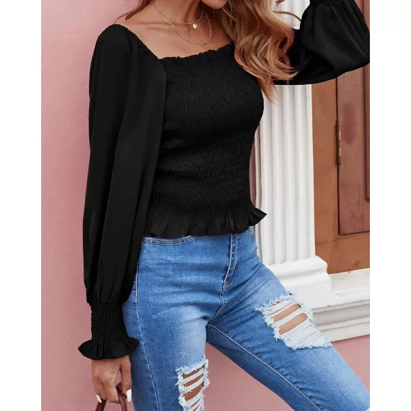 imageBTFBM Women Casual Long Sleeve Shirts Top 2023 Summer Fall Off Shoulder Tops Square Neck Floral Boho Smocked BlousesSolid Black
