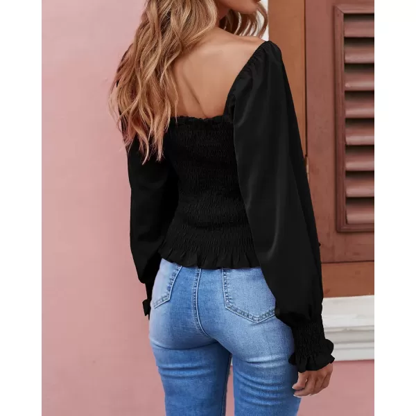 imageBTFBM Women Casual Long Sleeve Shirts Top 2023 Summer Fall Off Shoulder Tops Square Neck Floral Boho Smocked BlousesSolid Black