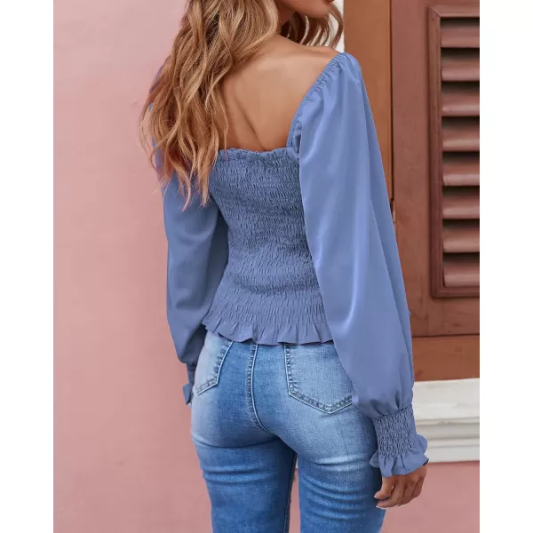 imageBTFBM Women Casual Long Sleeve Shirts Top 2023 Summer Fall Off Shoulder Tops Square Neck Floral Boho Smocked BlousesSolid Blue