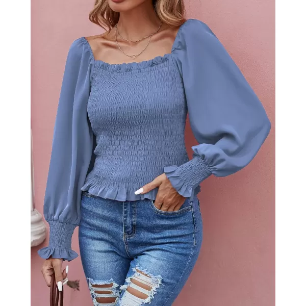 imageBTFBM Women Casual Long Sleeve Shirts Top 2023 Summer Fall Off Shoulder Tops Square Neck Floral Boho Smocked BlousesSolid Blue