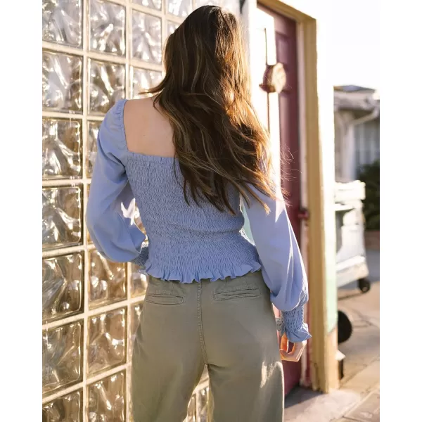 imageBTFBM Women Casual Long Sleeve Shirts Top 2023 Summer Fall Off Shoulder Tops Square Neck Floral Boho Smocked BlousesSolid Blue