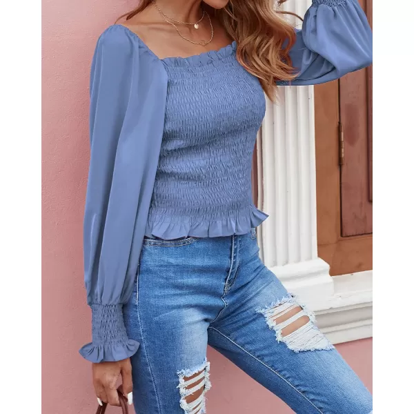 imageBTFBM Women Casual Long Sleeve Shirts Top 2023 Summer Fall Off Shoulder Tops Square Neck Floral Boho Smocked BlousesSolid Blue