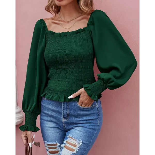 imageBTFBM Women Casual Long Sleeve Shirts Top 2023 Summer Fall Off Shoulder Tops Square Neck Floral Boho Smocked BlousesSolid Dark Green