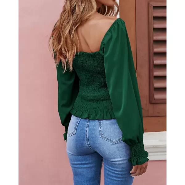 imageBTFBM Women Casual Long Sleeve Shirts Top 2023 Summer Fall Off Shoulder Tops Square Neck Floral Boho Smocked BlousesSolid Dark Green