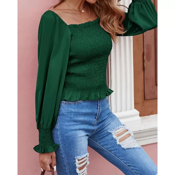 imageBTFBM Women Casual Long Sleeve Shirts Top 2023 Summer Fall Off Shoulder Tops Square Neck Floral Boho Smocked BlousesSolid Dark Green
