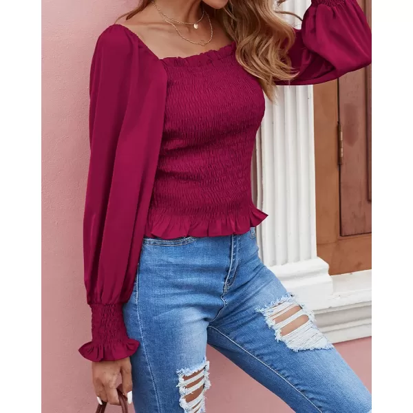 imageBTFBM Women Casual Long Sleeve Shirts Top 2023 Summer Fall Off Shoulder Tops Square Neck Floral Boho Smocked BlousesSolid Wine Red