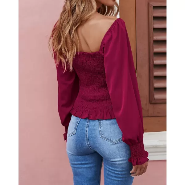 imageBTFBM Women Casual Long Sleeve Shirts Top 2023 Summer Fall Off Shoulder Tops Square Neck Floral Boho Smocked BlousesSolid Wine Red