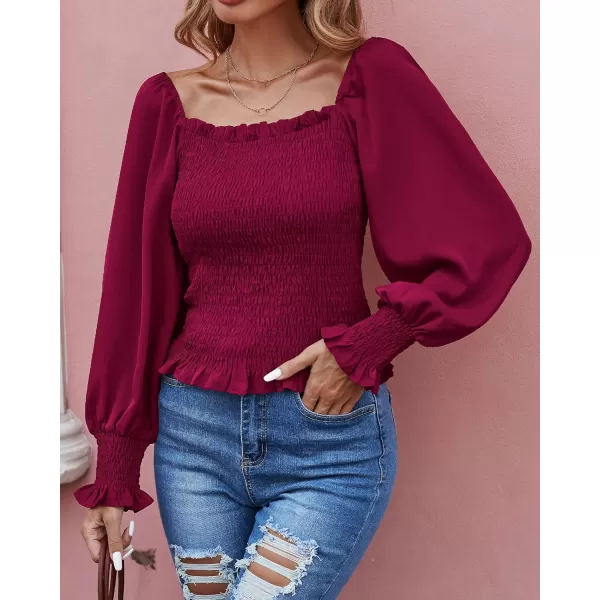 imageBTFBM Women Casual Long Sleeve Shirts Top 2023 Summer Fall Off Shoulder Tops Square Neck Floral Boho Smocked BlousesSolid Wine Red