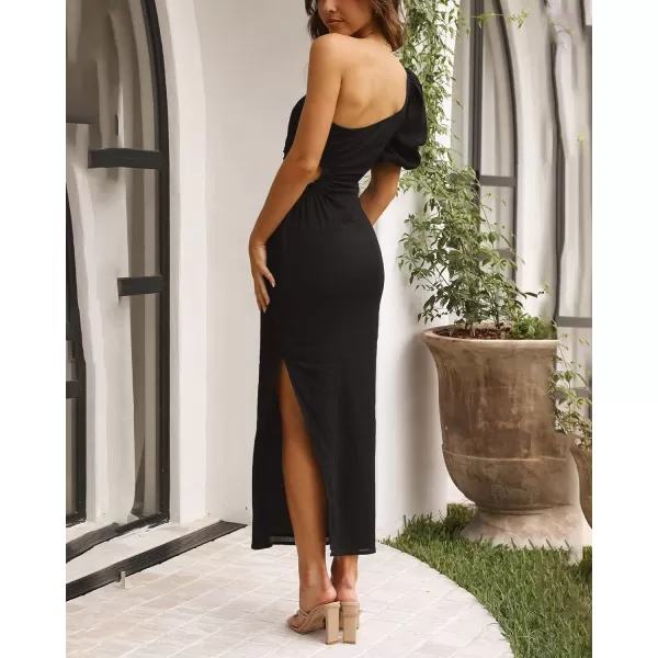 imageBTFBM Women Casual One Shoulder Maxi Dress Puff Short Sleeve Cutout Split Party Wedding Guest 2023 Summer Beach DressesSolid Black