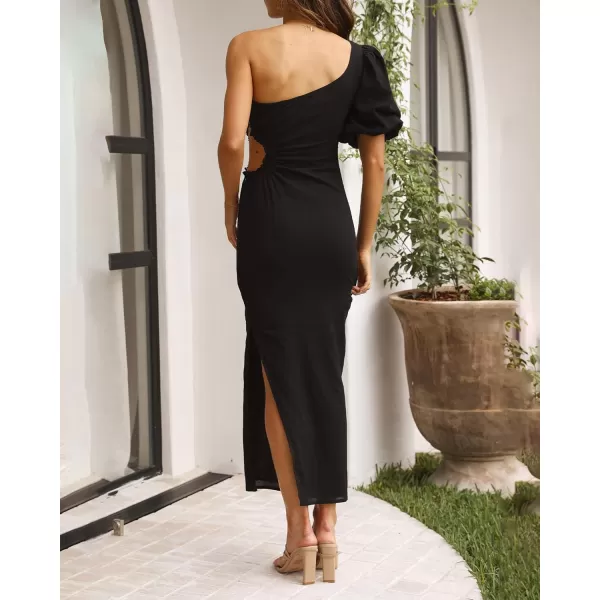 imageBTFBM Women Casual One Shoulder Maxi Dress Puff Short Sleeve Cutout Split Party Wedding Guest 2023 Summer Beach DressesSolid Black