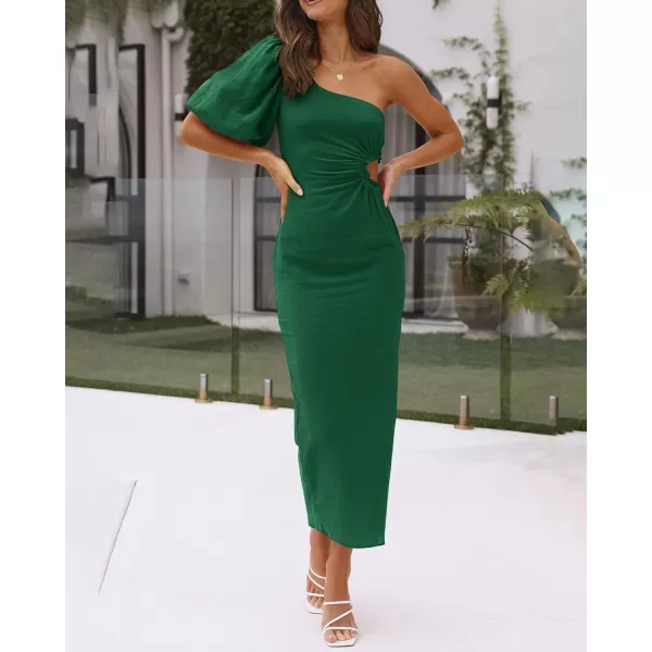 imageBTFBM Women Casual One Shoulder Maxi Dress Puff Short Sleeve Cutout Split Party Wedding Guest 2023 Summer Beach DressesSolid Green