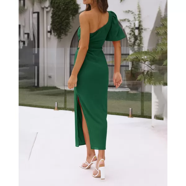 imageBTFBM Women Casual One Shoulder Maxi Dress Puff Short Sleeve Cutout Split Party Wedding Guest 2023 Summer Beach DressesSolid Green